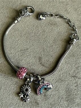 Silver Bracelet with Pink and Blue Crystal Rainbow & Floral Charms
